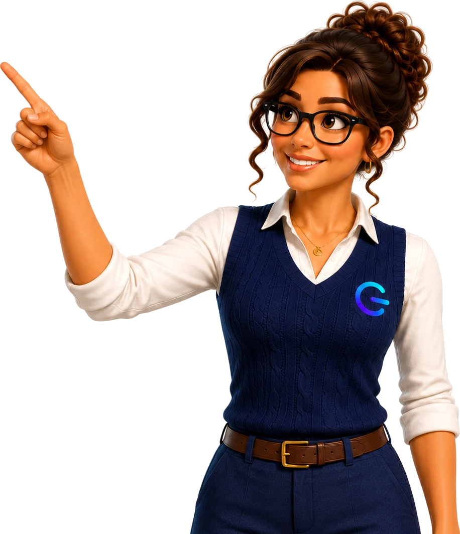Evie, the Clean Energy Gurus guide, pointing towards an Energy IQ score